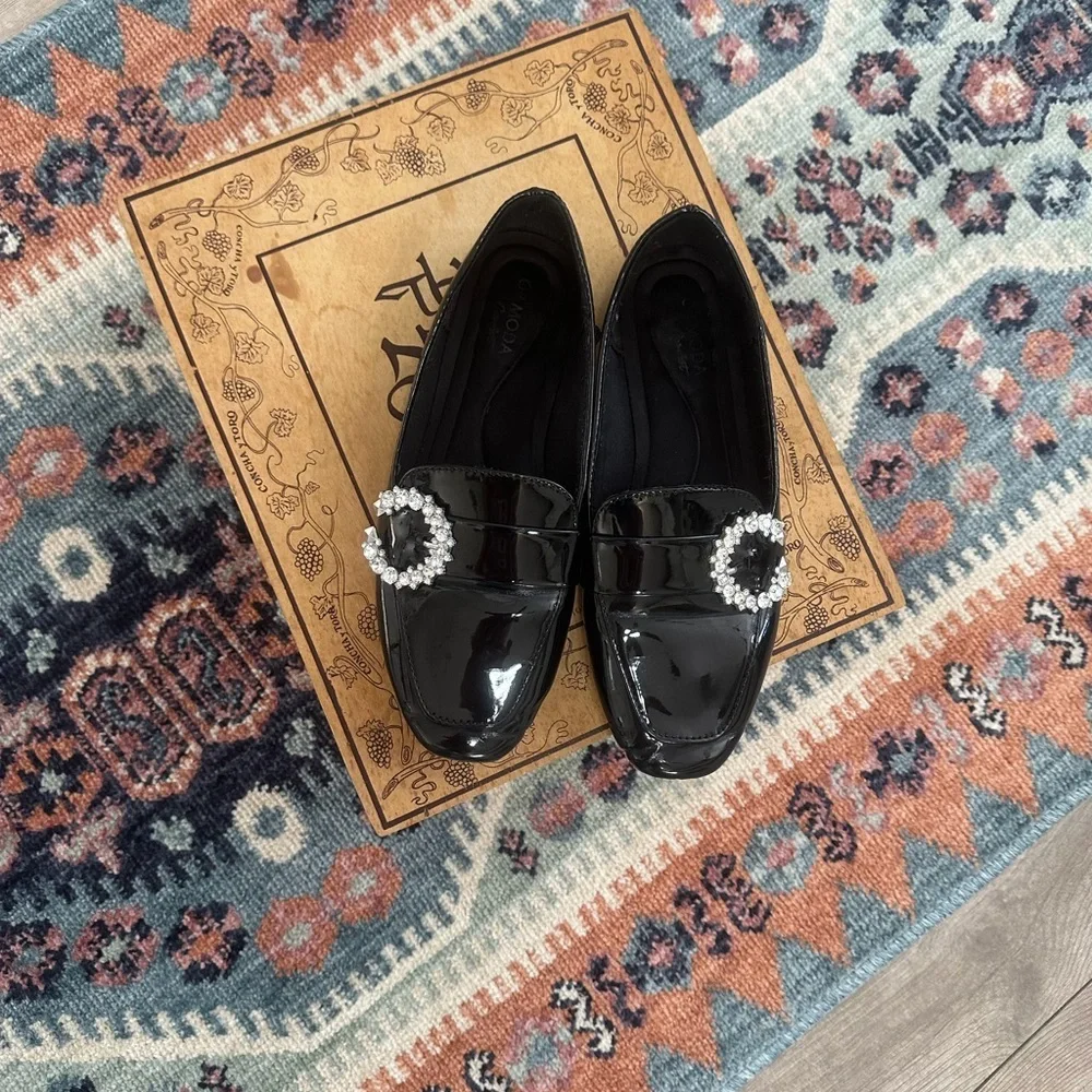 Top Moda Women’s Black Patent Crystal-Embellished Women's Loafers Size 7.5